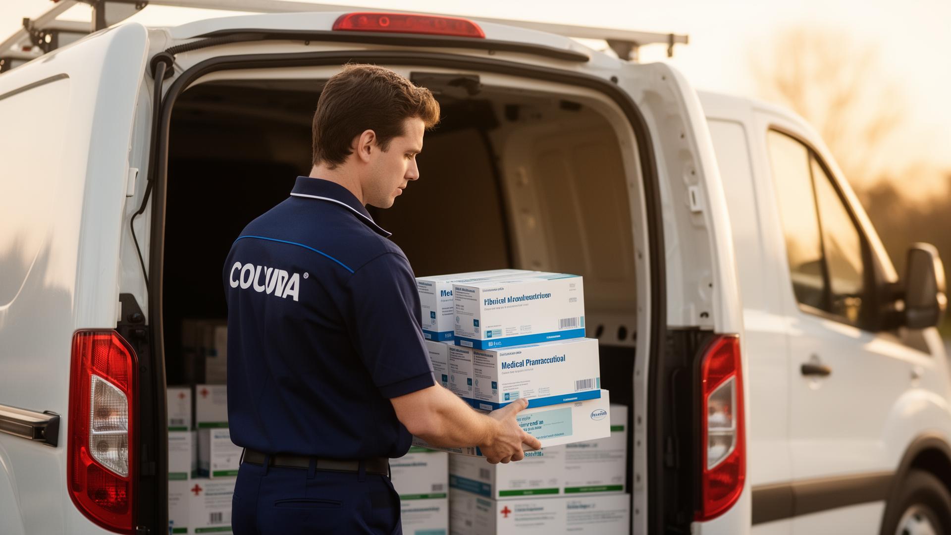 JLP Courier driver loading medical deliveries into van at sunrise